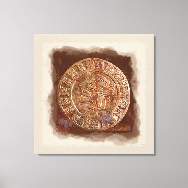Ancient Mayan Carved Metal Art Disc Wrapped Canvas (Front)