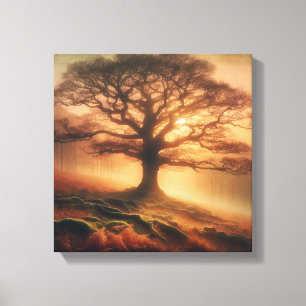 Ancient Oak on Misty Dawn Hill with Moss Canvas Print