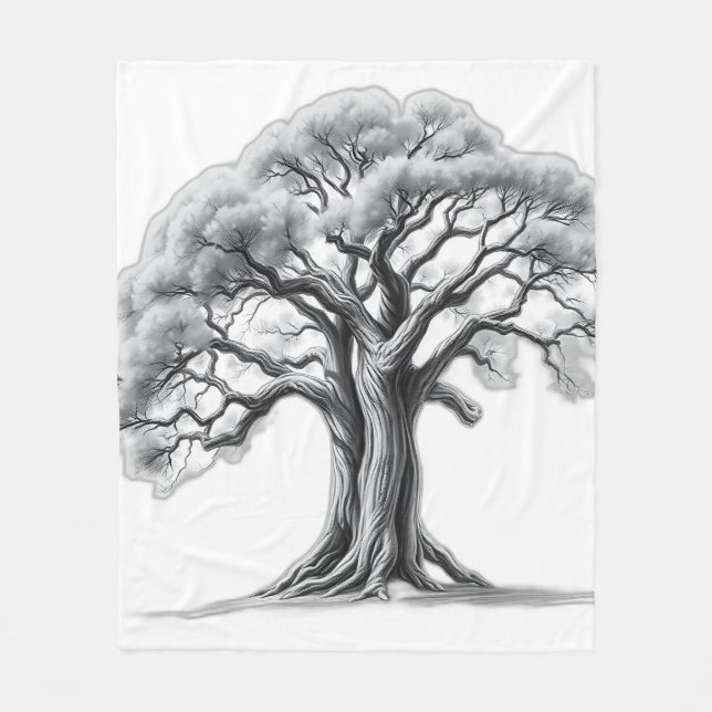 Ancient Oak Tree Charcoal Sketch Fleece Blanket (Front)