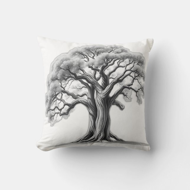 Ancient Oak Tree Charcoal Sketch Throw Pillow (Front)