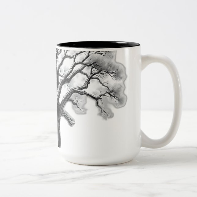 Ancient Oak Tree Charcoal Sketch Two-Tone Coffee Mug (Right)