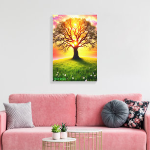 Ancient Oak Tree on Green Hill Sunset Canvas Print
