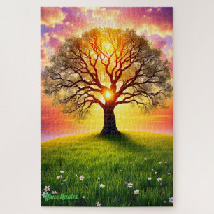 Ancient Oak Tree on Green Hill Sunset Jigsaw Puzzle