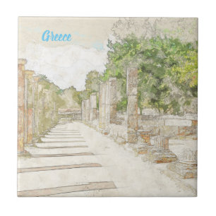 Ancient Olympia Ruins Sketch Ceramic Tile Wall Dec
