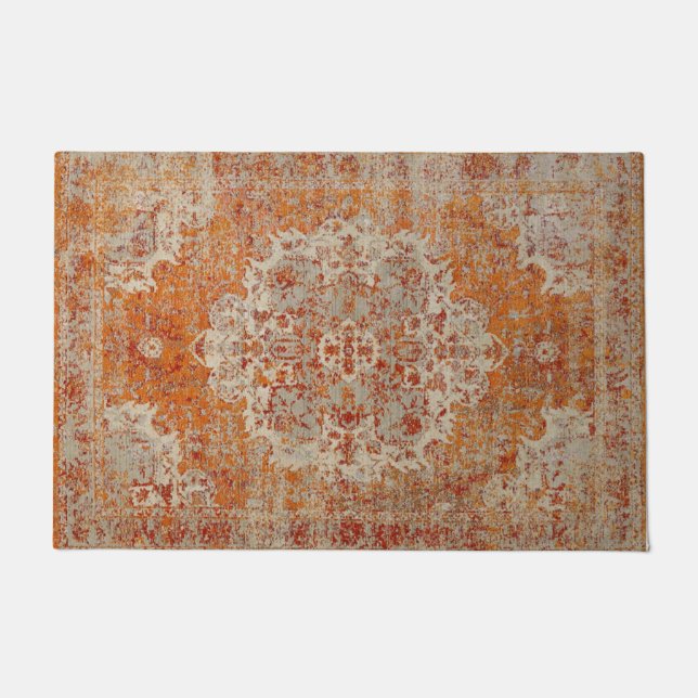 Ancient orange oriental carpet doormat (Front)