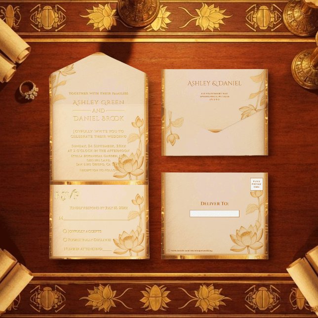 Ancient Papyrus Gold Lotus Egyptian Foil Wedding All In One Invitation (Creator Uploaded)