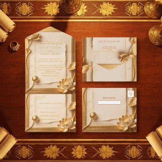 Ancient Papyrus Gold Lotus Egyptian Wedding Foil All In One Invitation