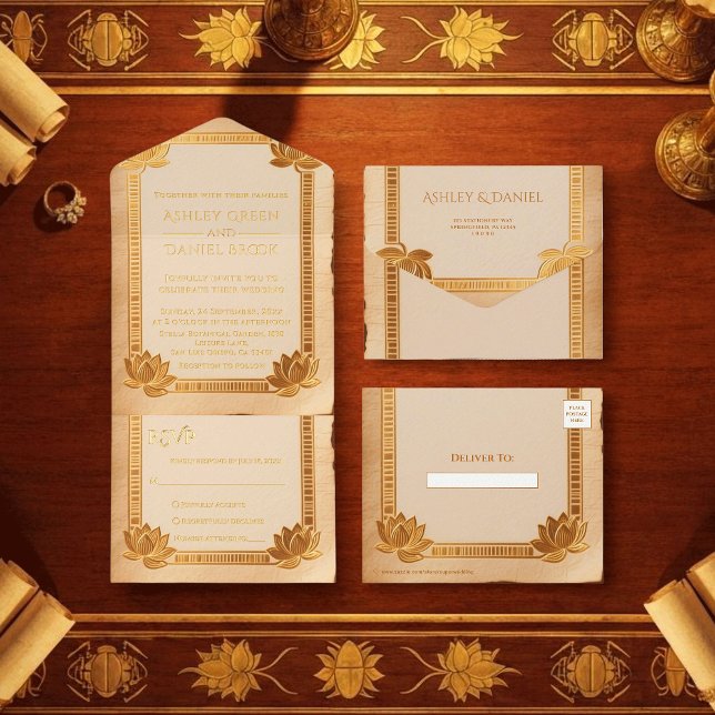 Ancient Papyrus Gold Lotus Egyptian Wedding Foil All In One Invitation (Creator Uploaded)
