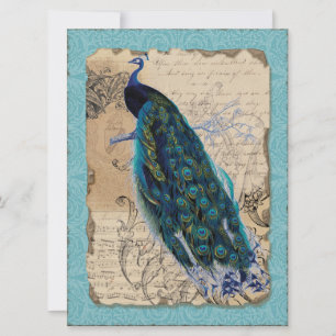 Ancient Peacock Bridal Shower Invite - Aqua Blue