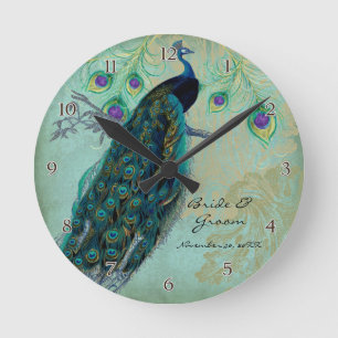 Ancient Peacock & Etchings Personalized Wedding Round Clock