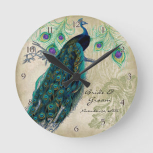 Ancient Peacock & Etchings Personalized Wedding Round Clock