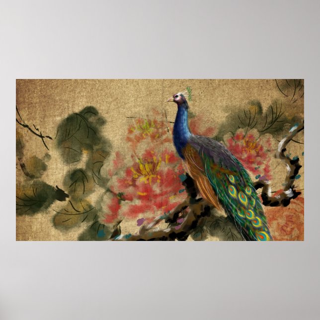 Ancient Peony Rice Paper Vintage Old Peacock Poster (Front)