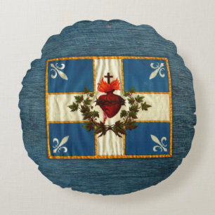 Ancient Quebec flag Chime Sacred Heart Round Pillow
