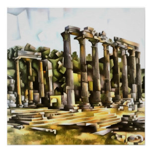 Ancient Roman Temple Ruins Geometric Style Art Poster