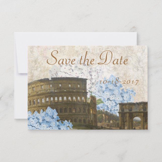 Ancient Rome Blue Hydrangea Save the Date Card (Front)