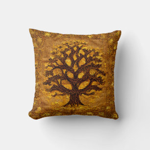 Ancient Rustic Brown & Gold Tree of LIfe by kedoki Throw Pillow