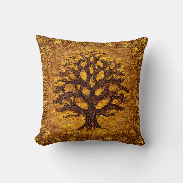 Ancient Rustic Brown & Gold Tree of LIfe by kedoki Throw Pillow (Front)