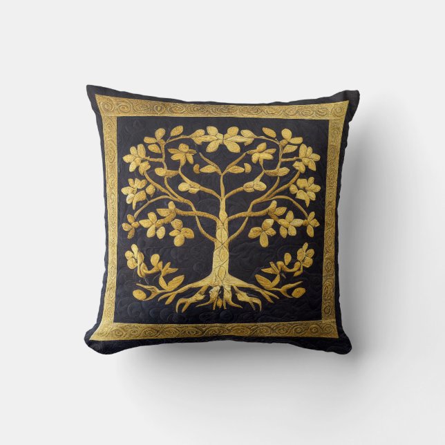 Ancient Rustic Navy Gold Tree of LIfe by kedoki Throw Pillow (Front)