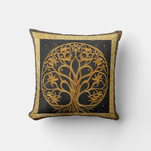 Ancient Rustic Round Gold Tree of LIfe by kedoki Throw Pillow