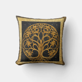Ancient Rustic Round Gold Tree of LIfe by kedoki Throw Pillow
