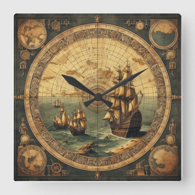 Ancient Spanish Sailing Ship 2 Square Wall Clock (Front)