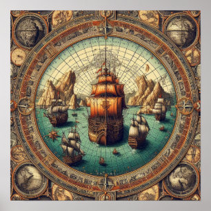 Ancient Spanish Sailing Ship, Map 3 Poster