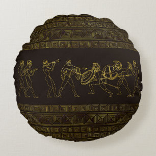 Ancient Sparta  Greece scene on greek pattern Round Pillow
