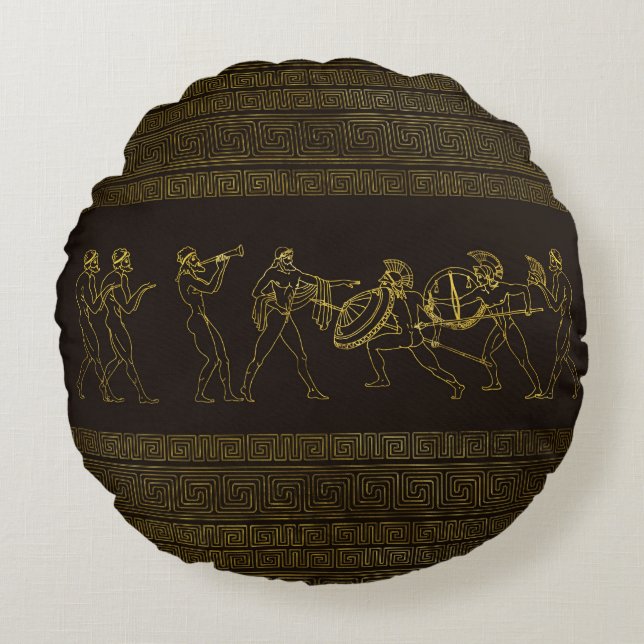 Ancient Sparta  Greece scene on greek pattern Round Pillow (Front)