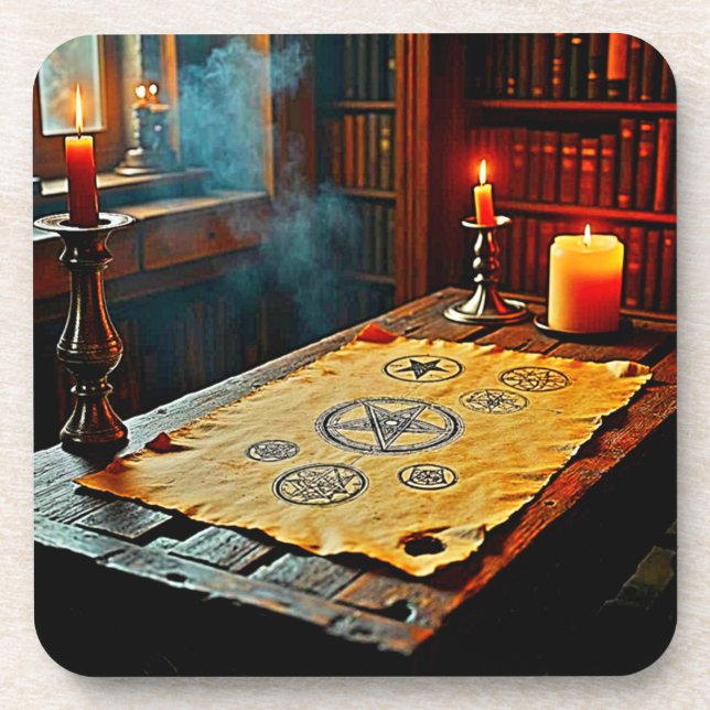 Ancient Spells on a Mystic Scroll Coaster (Front)