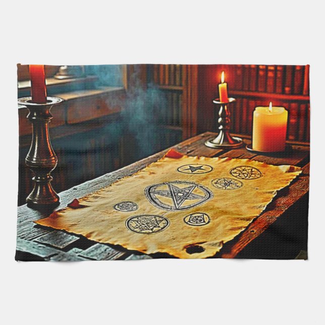 Ancient Spells on a Mystic Scroll Kitchen Towel (Horizontal)