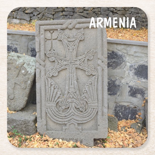 Ancient stone crosses (khachkars) in Armenia Square Paper Coaster (Front)