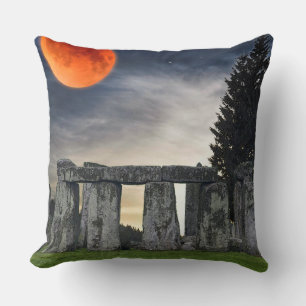 Ancient Stonehenge & Mystical Red Full Moon Throw Pillow