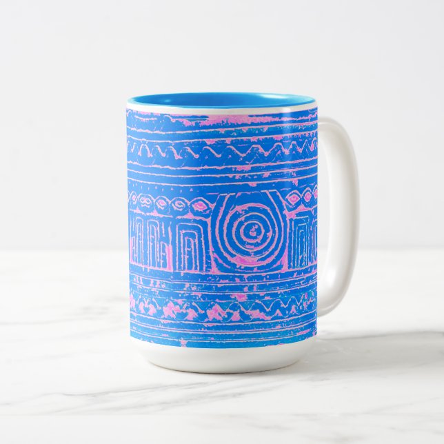 Ancient Sumerian Mesopotamian Pattern Blue Two-Tone Coffee Mug (Front Right)