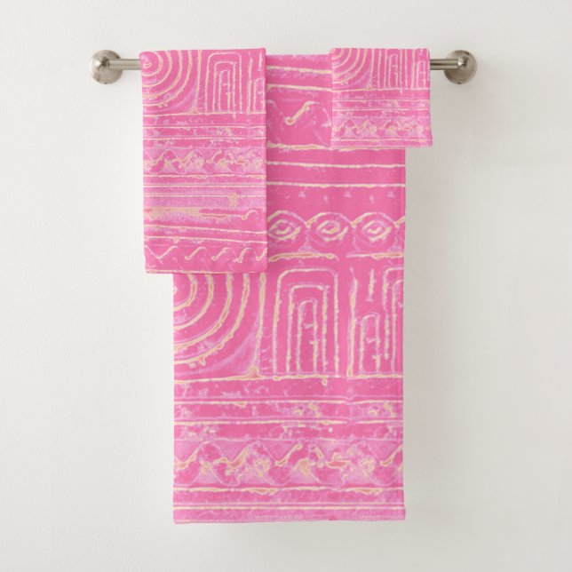 Ancient Sumerian Mesopotamian Pattern Pink Bath Towel Set (Insitu)