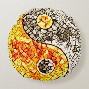 Ancient Temple Mosaic Yin Yang Symbol Round Pillow