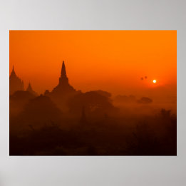 Ancient Temples Sunset Hot Air Balloon Poster