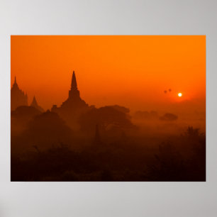 Ancient Temples Sunset Hot Air Balloon Poster