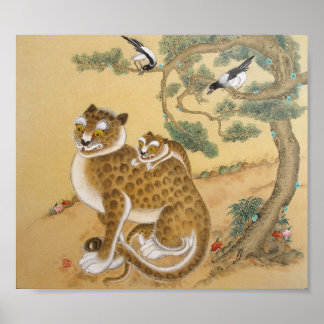 Ancient Tiger family and birds Poster