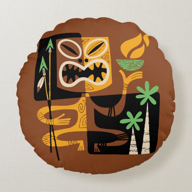 Ancient Tribal Rituals: Man with Fire and Spears Round Pillow (Front)