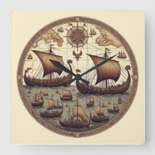 Ancient Viking Sailing Ships 3 Square Wall Clock