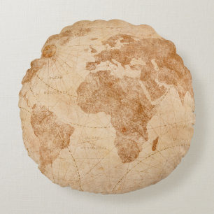 Ancient vintage world map illustrationmap, world, round pillow