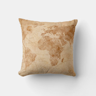 Ancient vintage world map illustrationmap, world,  throw pillow