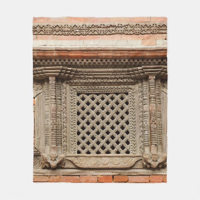 Ancient window in Nasal Chowk Courtyard of Hanuman Fleece Blanket (Front)