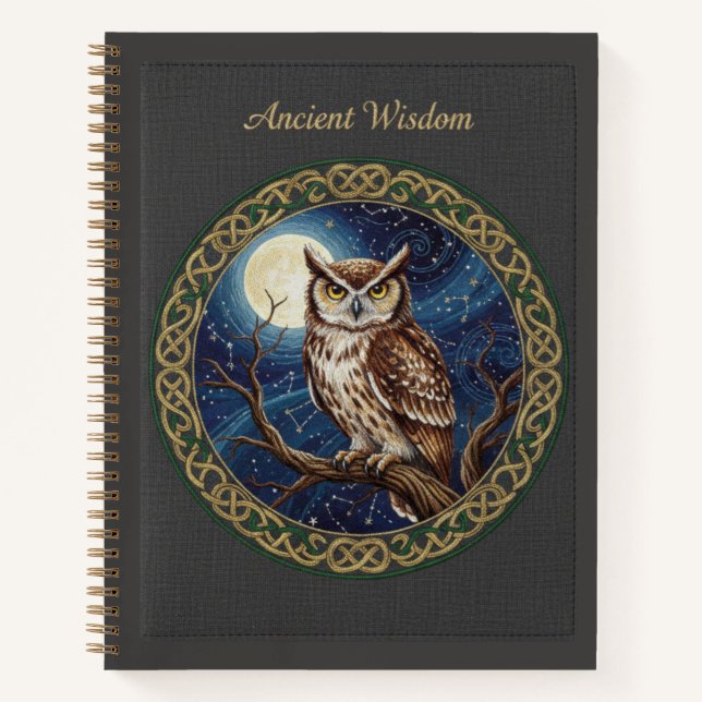 Ancient Wisdom Embroidered Owl & Moon Celestial Notebook (Front)