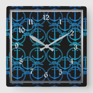 Ancre bleu marine Motif Carré Horloge murale