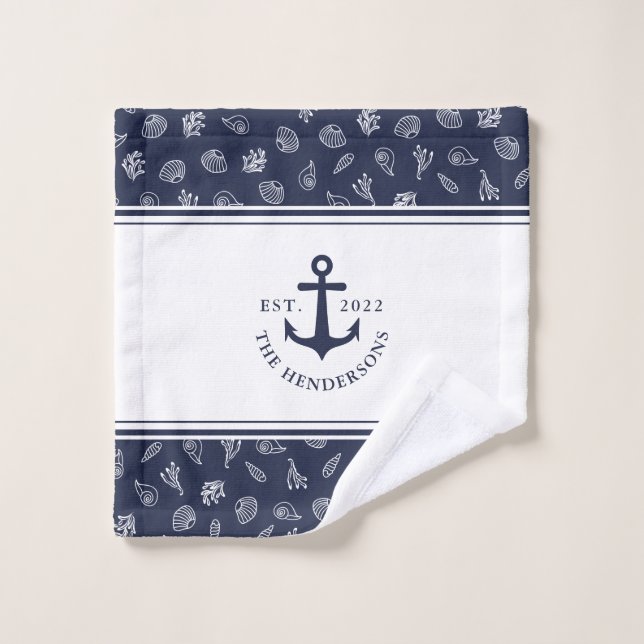 Ancre bleue marine blanche personnalisée (Gant de toilette)