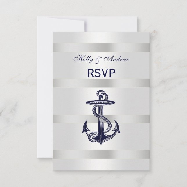 Ancre Bleue Marine Nautique Argent Blanc V RSVP (Devant)