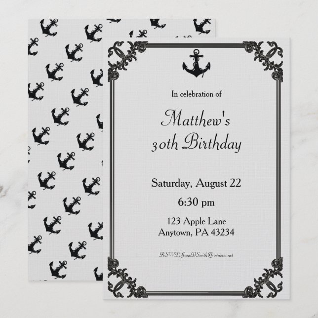 Ancre de bateau noir sur mesure Invitation d'anniv (Devant / Derrière)