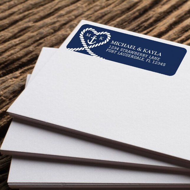 Ancre de cordes de coeur bleu marine Mariage de mo (Nautical Blue Heart Rope Anchor Monogram Wedding Label)