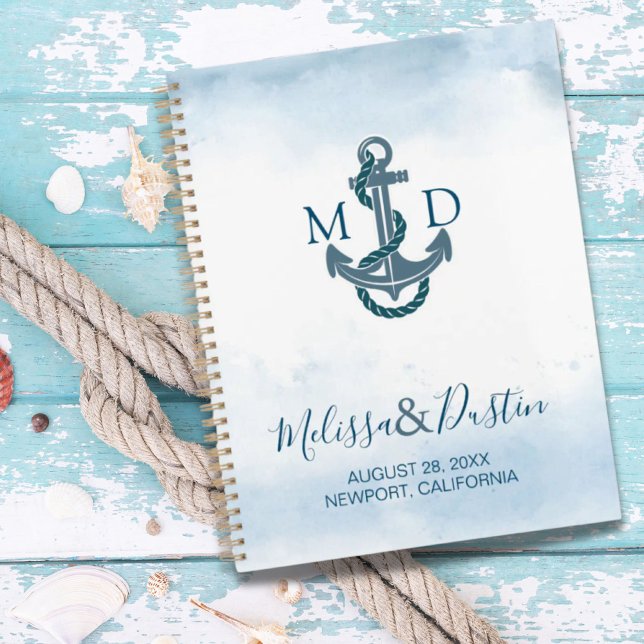 Ancre de marine de plage à l'aquarelle bleue maria (Blue Watercolor Beach Anchor Nautical Wedding Planner)